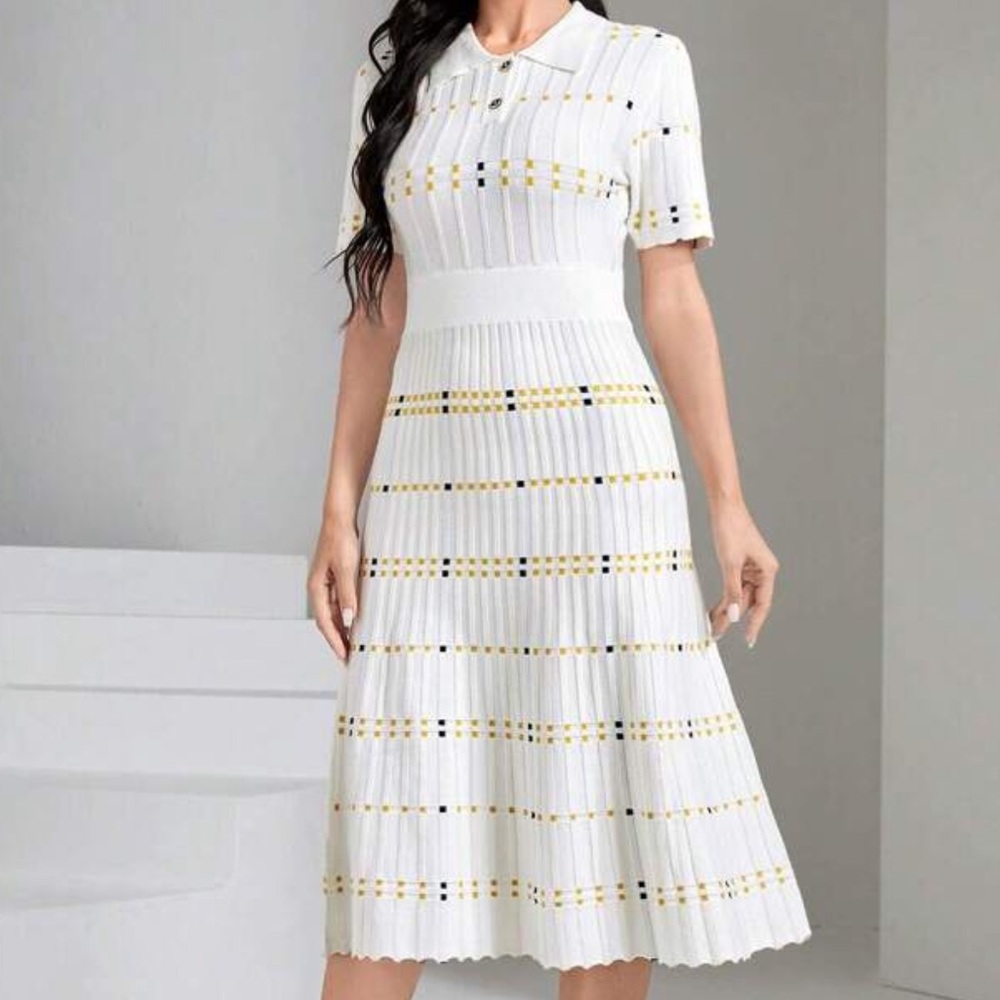 Women's White Pleated Midi Dress with Gold Stripe Detail
